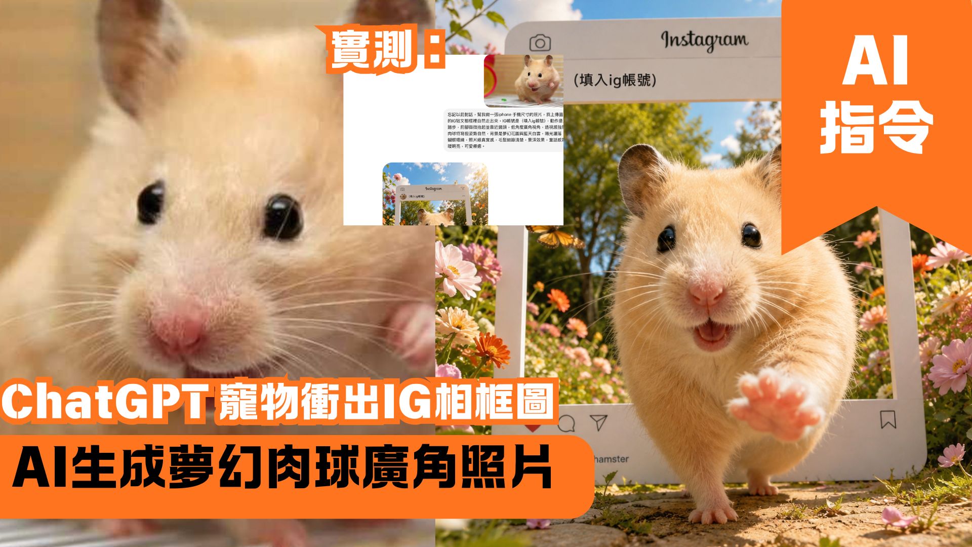 ChatGPT 寵物衝出IG相框圖 AI生成夢幻肉球廣角照片